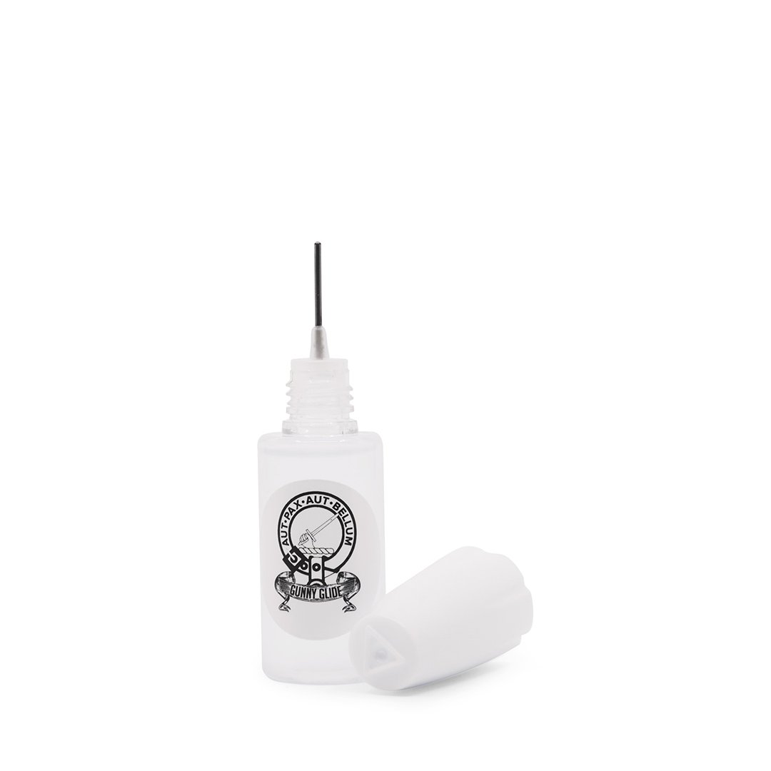 Gunny Glide - Knife Pivot Lubricant 10ml in small clear bottle with white lid and needle applicator
